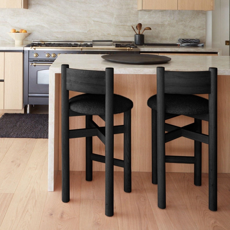 Counter Stool Chunky Cylindrical Legs Rounded Wide Backrest Boucle Texture