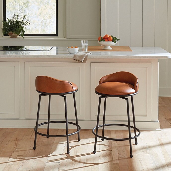 Counter Stool Cognac Faux Leather Black Metal Footrest Ring