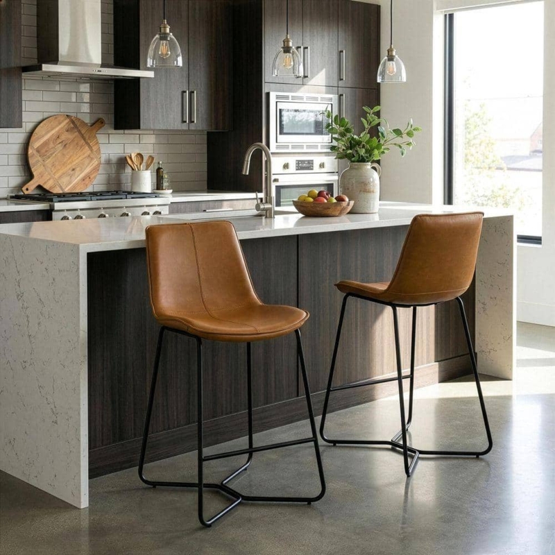 Counter Stool Cognac Faux Leather Black Sled Base