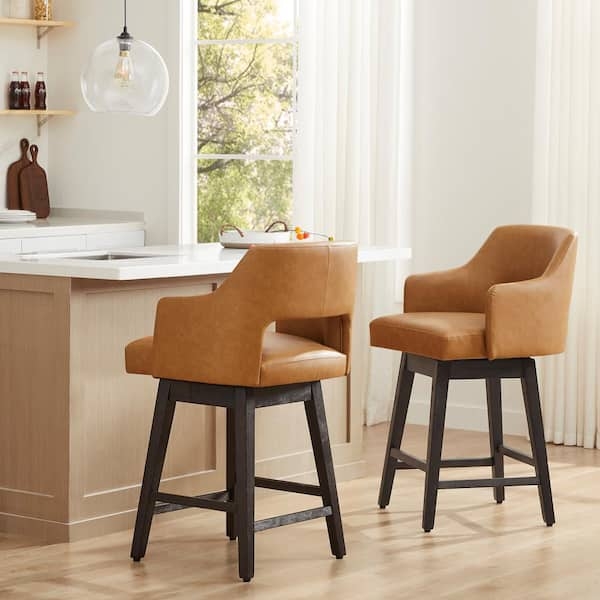 Counter Stool Cognac Leather-Like Swivel Wood Base High Back