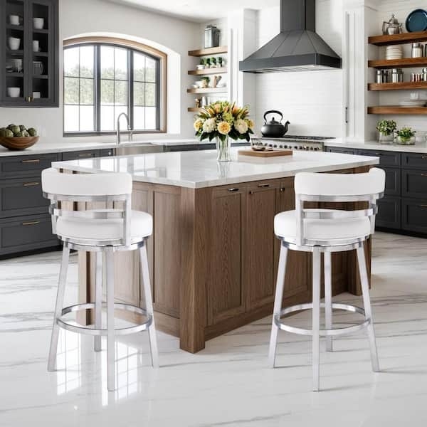 Counter Stool Contemporary Brushed Stainless Steel White Swivel Seat