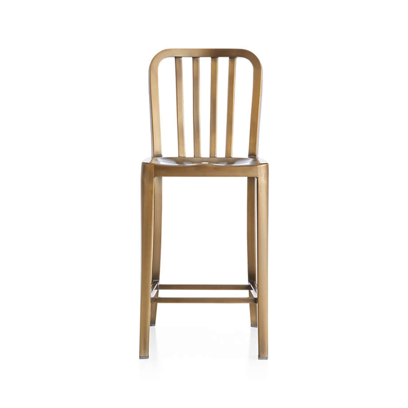 Counter Stool Contoured Seat Slatted Back Brass Finish Minimalist
