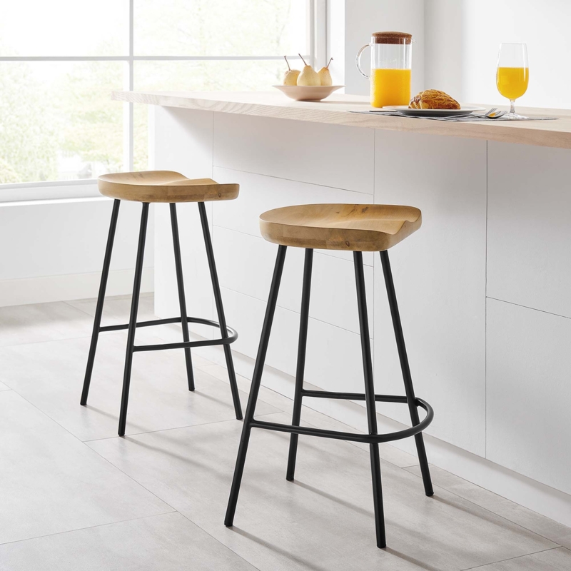 Counter Stool Contoured Wood Seat Matte Black Metal Frame Minimalist