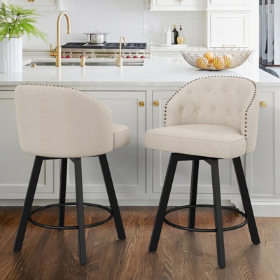 Counter Stool Cream Button Tufted Swivel Nailhead Trim Set of 2