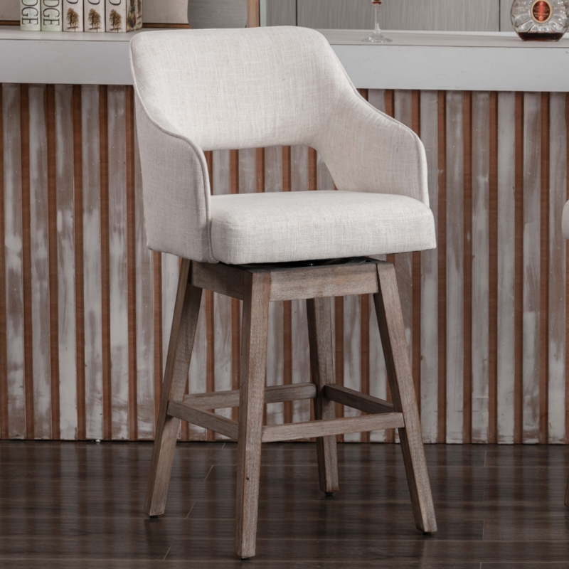 Counter Stool Cream Linen Open Back Weathered Wood Swivel Farmhouse