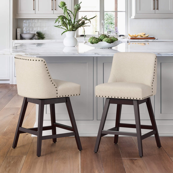 Counter Stool Cream Linen Swivel Seat Curved Back Dark Wood Legs