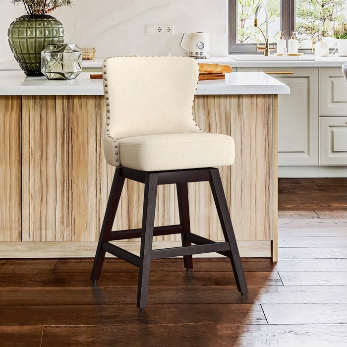 Counter Stool Cream Linen Swivel Wingback Nailhead Dark Wood