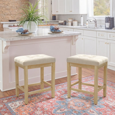 Counter Stool Cream Tufted Seat Hand Brushed Light Wood Backless Stools