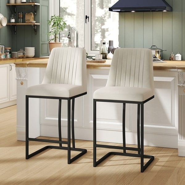 Counter Stool Cream Vertical Channel Stitching Black Sled Base