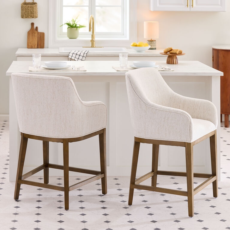 Counter Stool Curved Back Cream Linen Like Upholstery Wood Toned Legs
