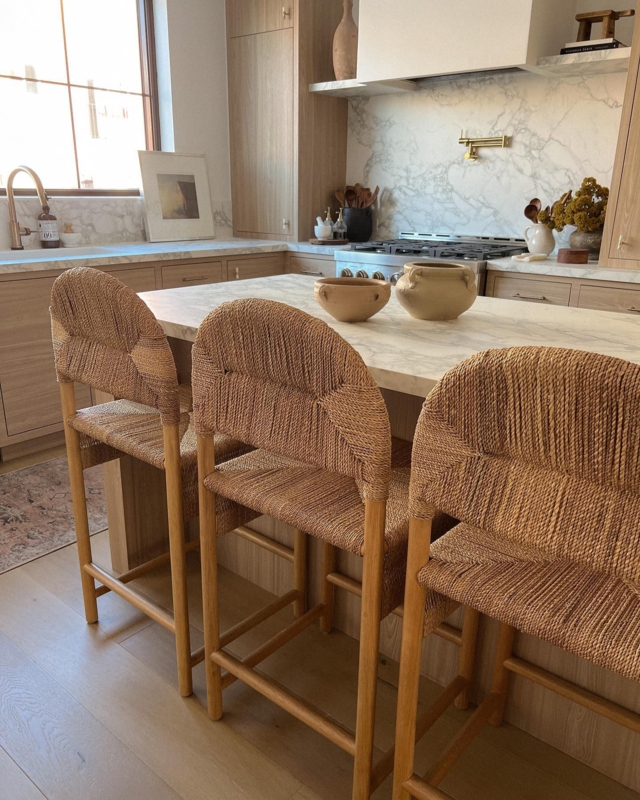 Counter Stool, Curved Back Silhouette, Woven Fiber, Natural Texture