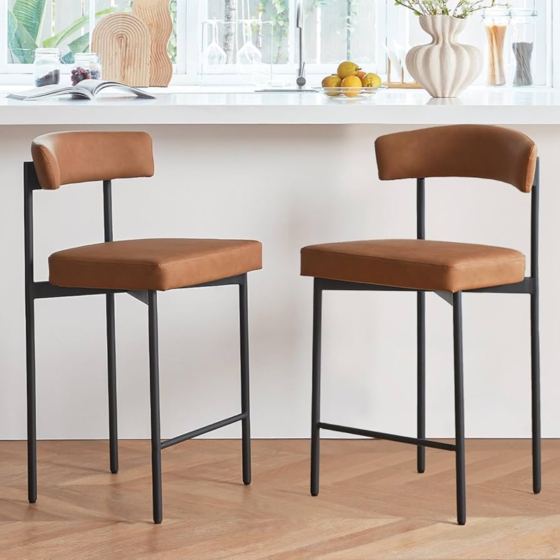 Counter Stool Curved Back Tan Slim Black Frame Industrial