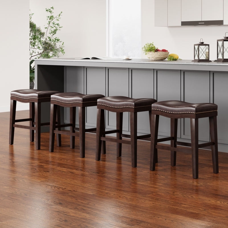 Counter Stool Dark Brown Leather Saddle Seat Backless Nailhead