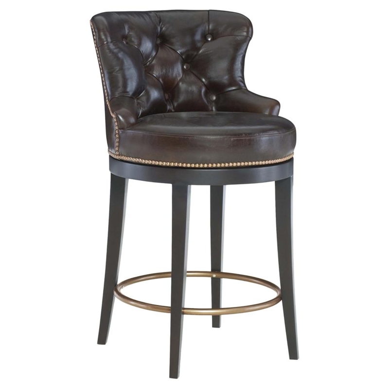 Counter Stool Dark Brown Leather Tufted Swivel Brass Footrest