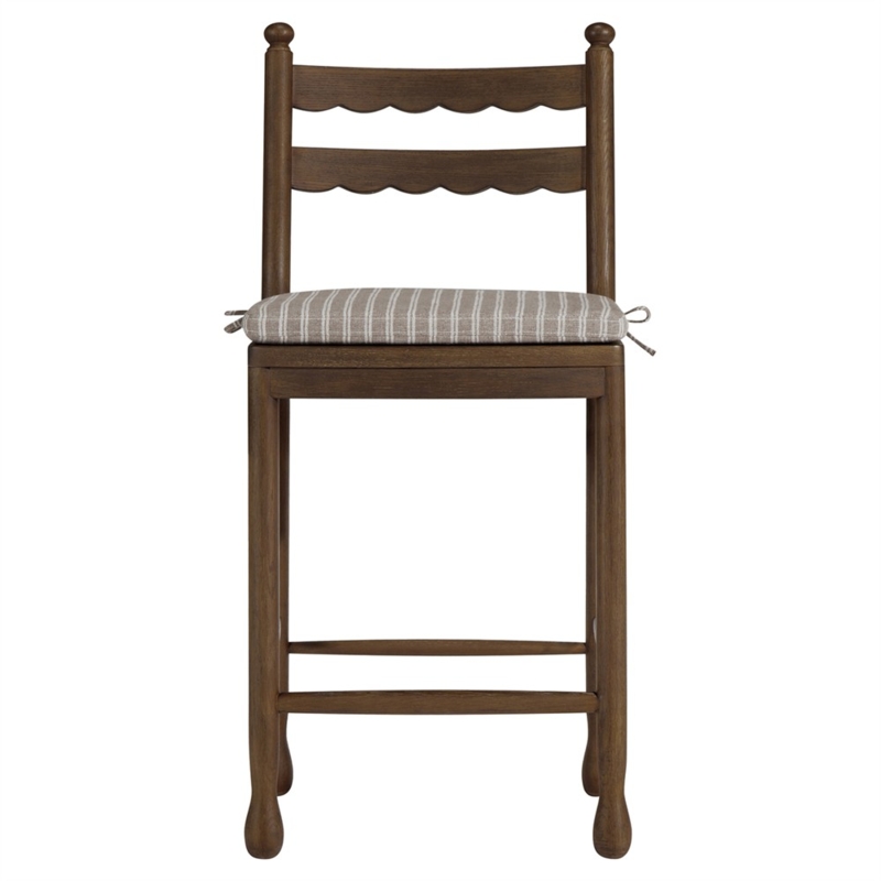 Counter Stool Dark Brown Scalloped Back Tie-On Cushion Farmhouse