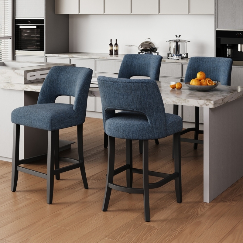 Counter Stool, Denim Blue, Cutout Back, Woven Fabric, Wood Legs