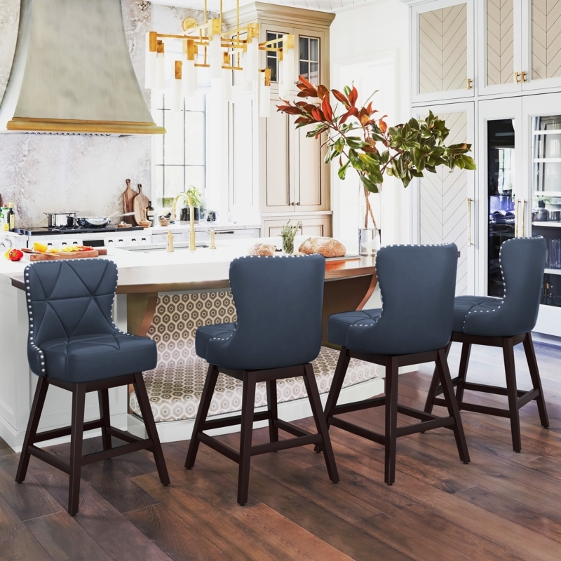 Counter Stool Diamond Quilted Leather-Like Swivel Satin Wood