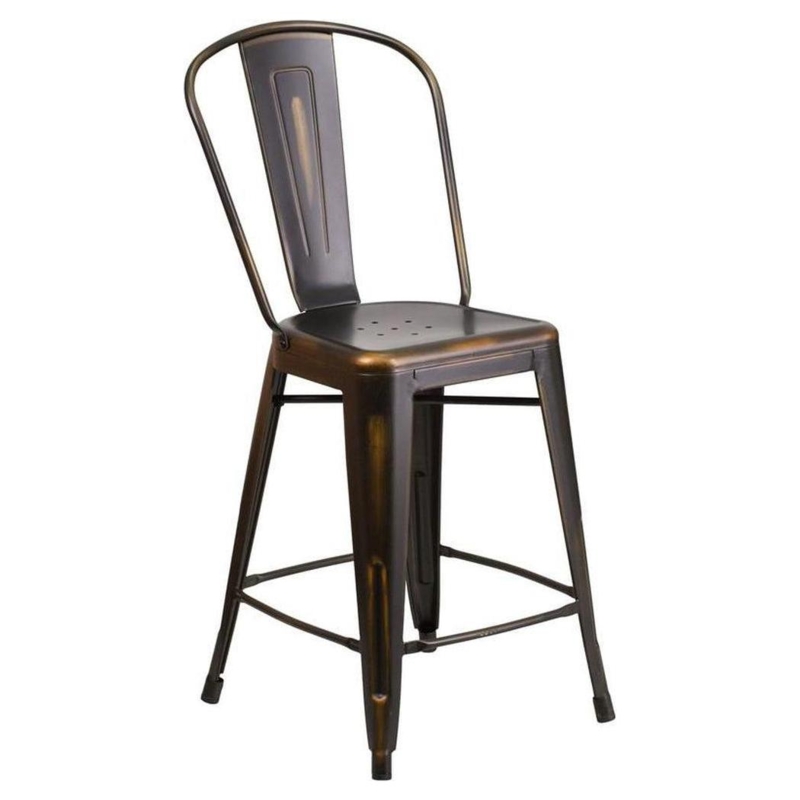 Counter Stool, Distressed Antiqued Bronze, Vertical Splat Back, Vintage Style