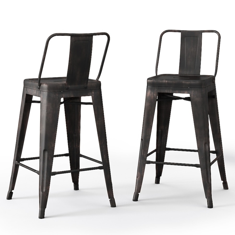 Counter Stool, Distressed Black Metal, Slat Back, Industrial Kitchen Seating