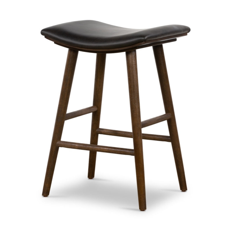 Counter Stool Distressed Black Upholstery Mid-Century Saddle Seat