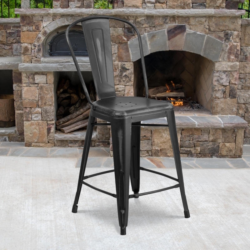 Counter Stool, Distressed Charcoal Metal, Cafe Silhouette, All-Weather Patio