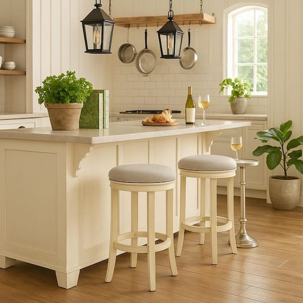 Counter Stool Distressed Ivory Finish Backless Swivel Gray Seat