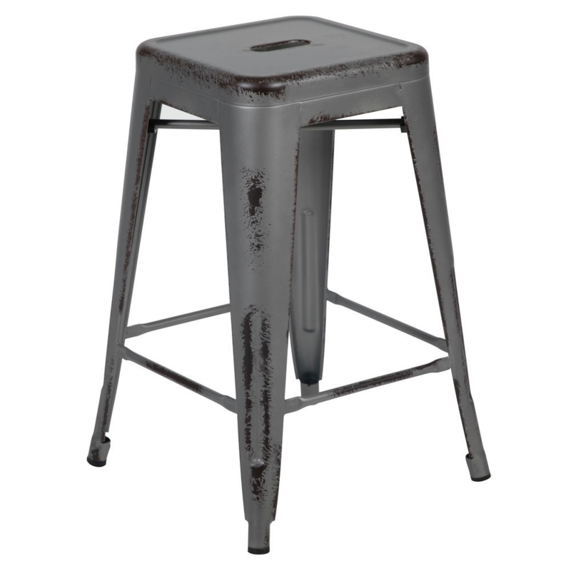 Counter Stool, Distressed Silver Gray Metal, Backless Design, Seat Handle