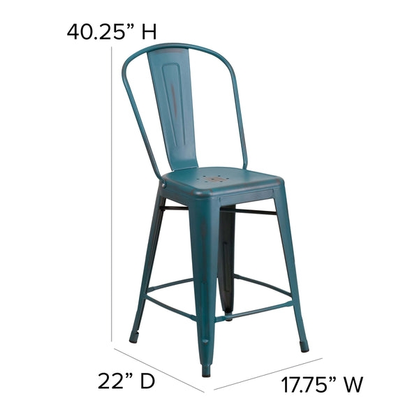 Counter Stool, Distressed Teal Metal, Curved Back, Drainage Holes, Industrial