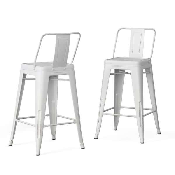 Counter Stool, Distressed White Metal, Tapered Legs, Open Back Design