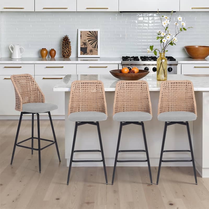Counter Stool featuring Woven Wicker Back and Light Grey Seat