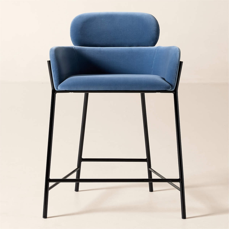 Counter Stool Floating Backrest Blue Velvet Minimalist Black Frame