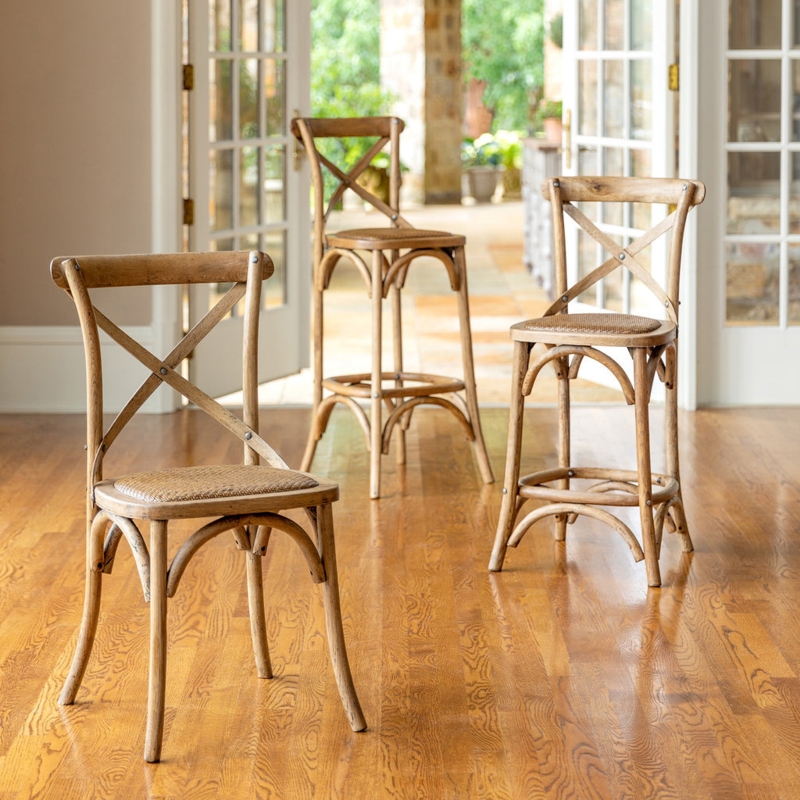 Counter Stool, French Country X-Back Design, Woven Cane Seat, Rustic Wood
