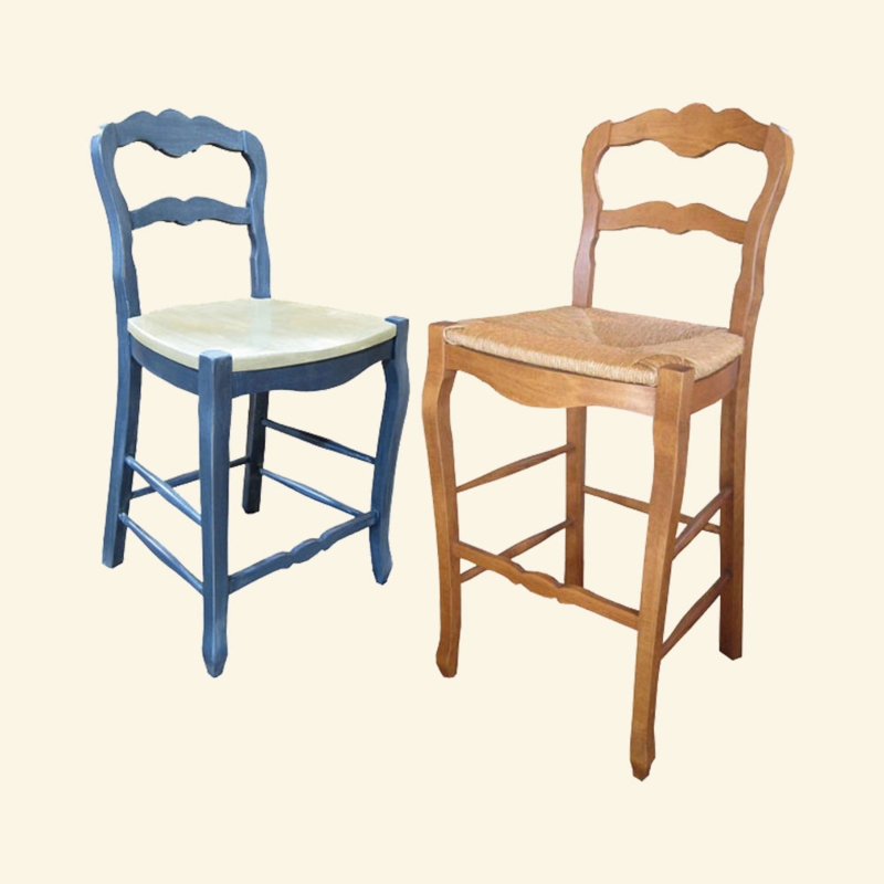 Counter Stool, French Provincial Ladderback, Woven Rush Seat, Rustic Style