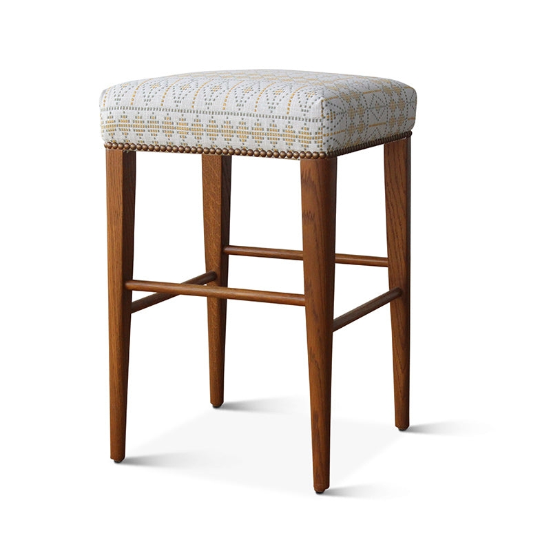 Counter Stool Geometric Patterned Seat Nailhead Trim Wood Legs
