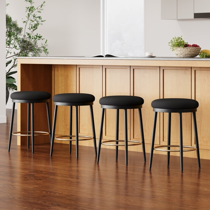 Counter Stool Gold Footrest Ring Round Seat Matte Black Finish Backless