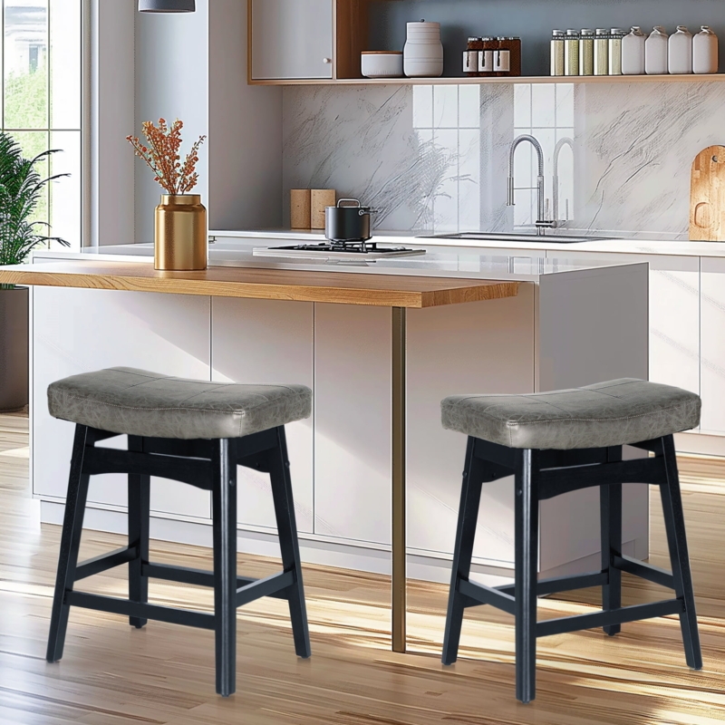 Counter Stool Gray Quilted Upholstery Saddle Seat Black Wood Frame