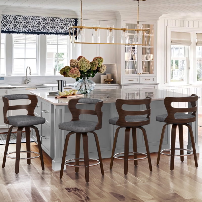 Counter Stool Gray Swivel Curved Open Back Wood Frame Modern