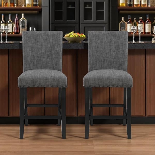 Counter Stool Gray Upholstery Black Frame Square Back Transitional