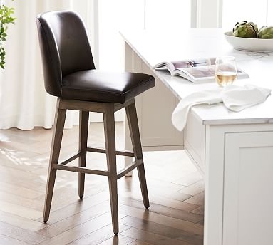 Counter Stool Gray Wash Swivel Base Dark Leather-like Curved Back