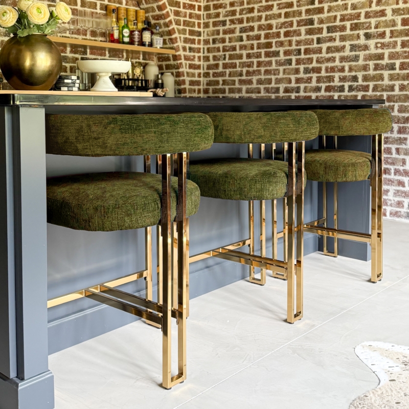 Counter Stool Green Chenille Curved Open Back Polished Gold Frame
