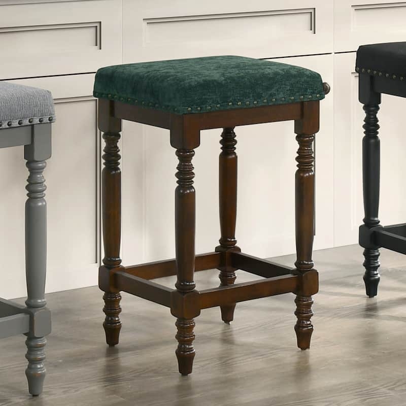 Counter Stool Green Upholstery Turned Legs Nailhead Trim Backless