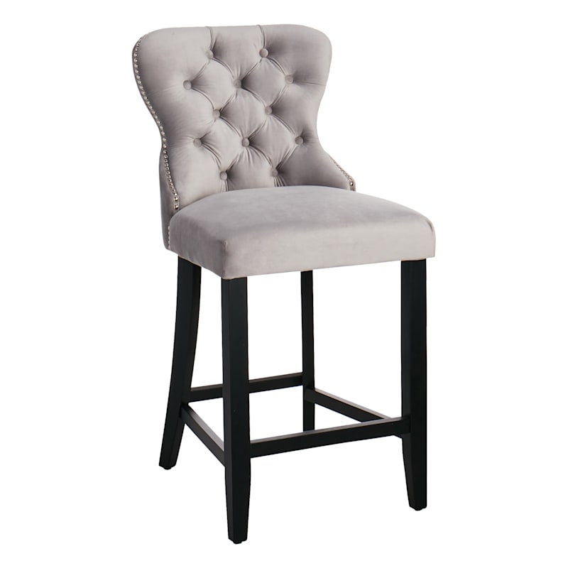 Counter Stool Grey Diamond Tufted Velvet, Nailhead Trim