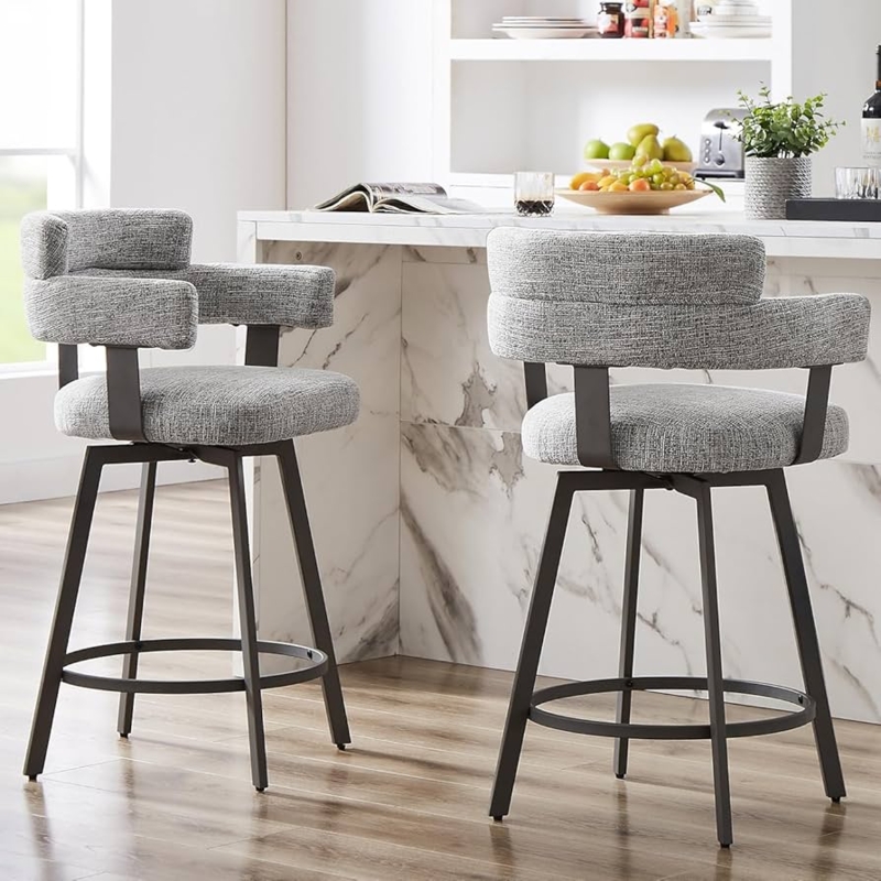 Counter Stool Grey Heathered Fabric Swivel Base Curved Open Back