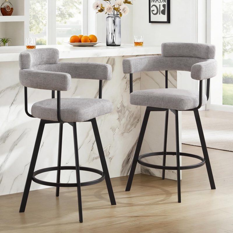 Counter Stool: Grey Woven Texture, Modern Curved Back Seating