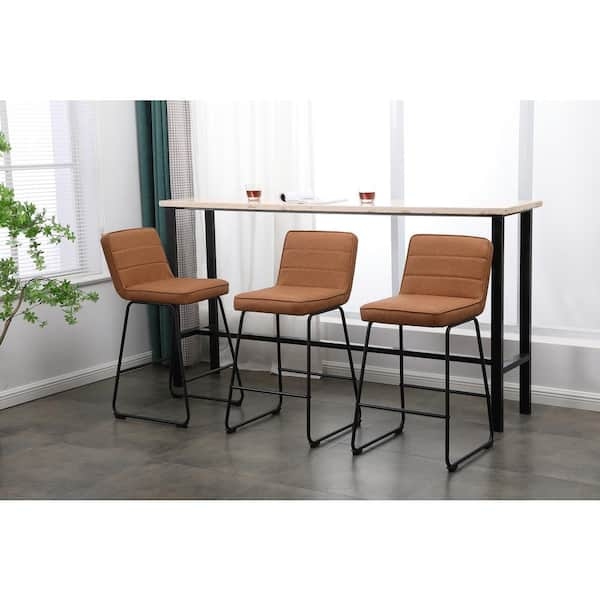 Counter Stool Horizontal Stitching Camel Faux Leather Black Sled Base