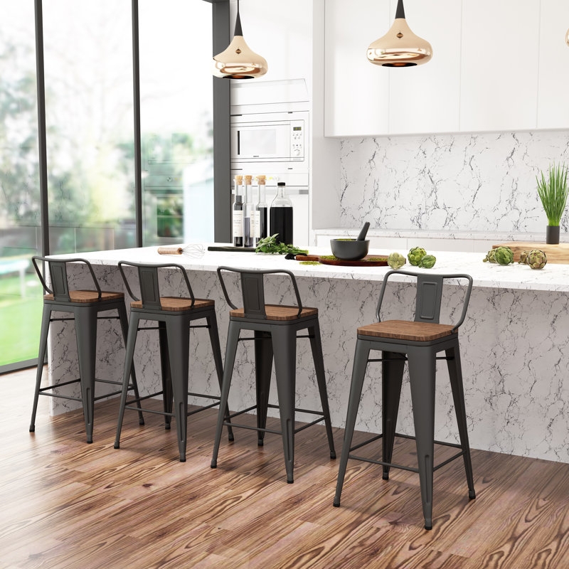 Counter Stool in Charcoal Metal, Wood Seat, Industrial Sled-Style Back