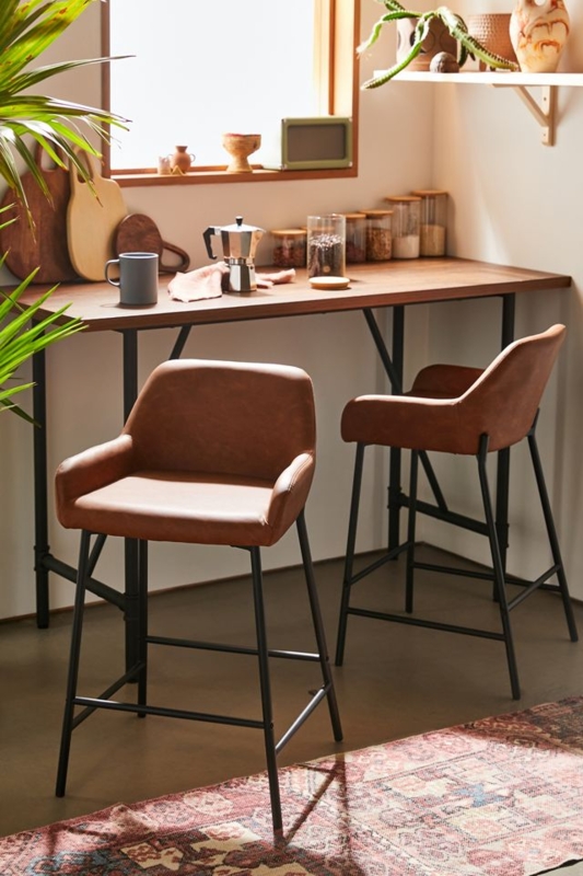Counter Stool Industrial Cognac Faux Leather Black Tapered Legs
