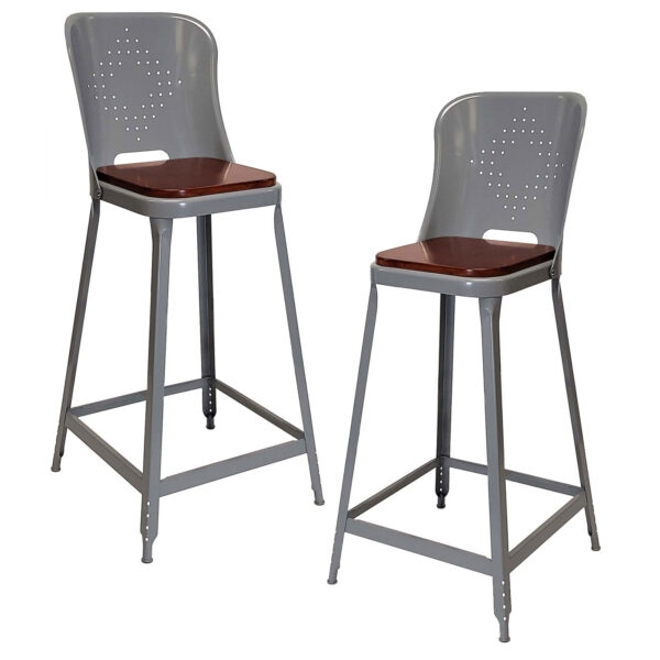Counter Stool, Industrial Metal Frame, Perforated Diamond Back, Wood Seat
