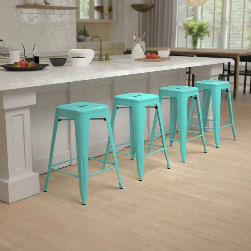 Counter Stool Industrial Metal Silhouette Square Seat Teal Color
