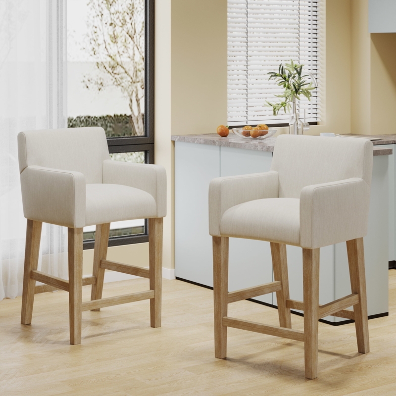 Counter Stool Integrated Arms Beige Linen Texture